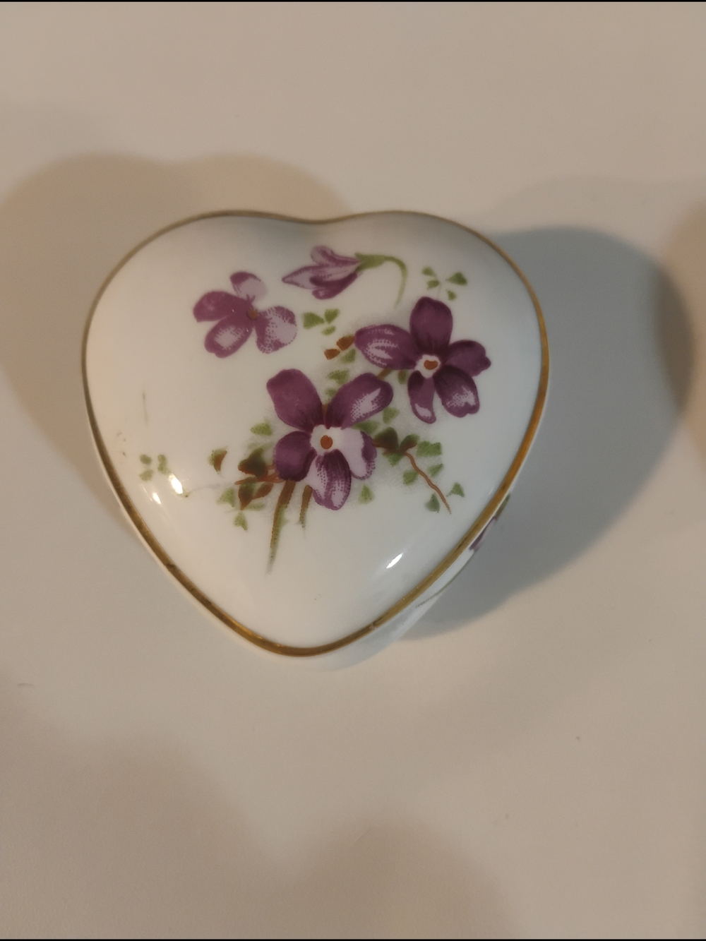 2 Heart-Shaped Porcelain Trinket Box with Purple Floral Design One Is Bone China